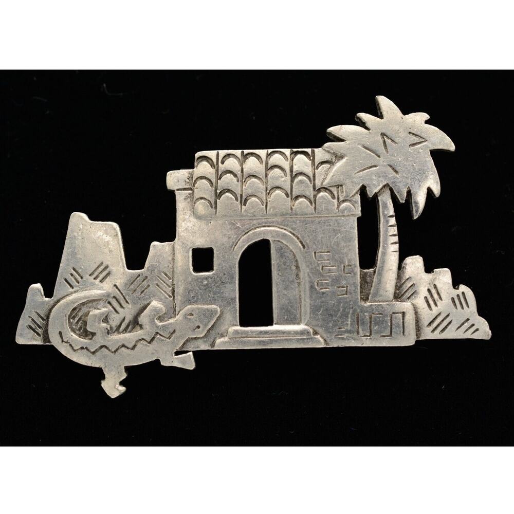 JJ Vintage Desert Pin Brooch Lizard Palm Tree Tribal Silver 1988 Signed Bin5A